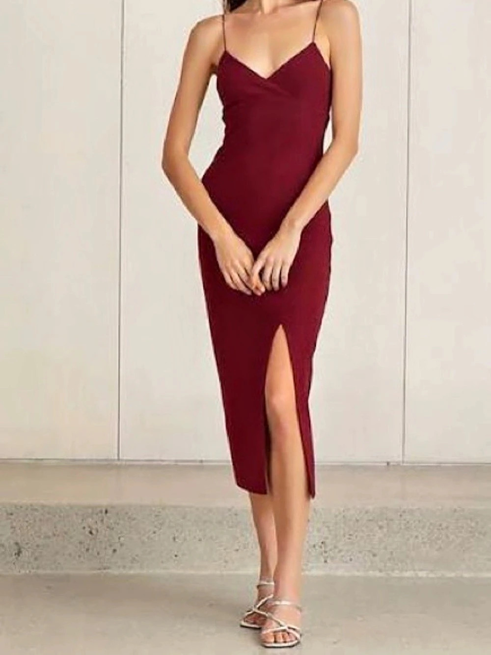 Bec + Bridge Lea Split Midi Dress in Burgundy